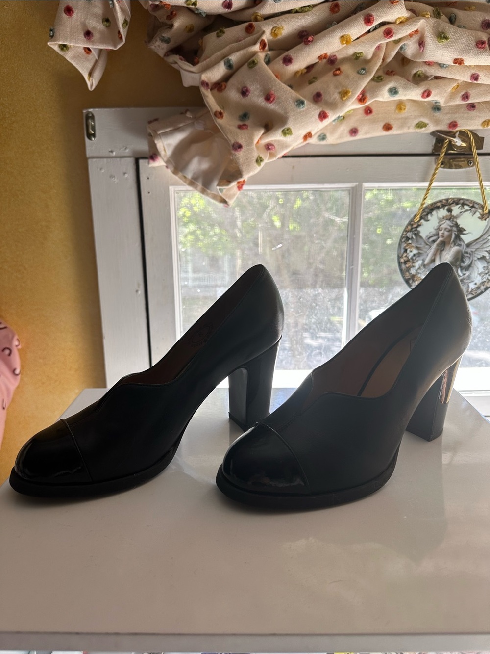 John Fluevog Black Cap-Toe Block Heel Pumps